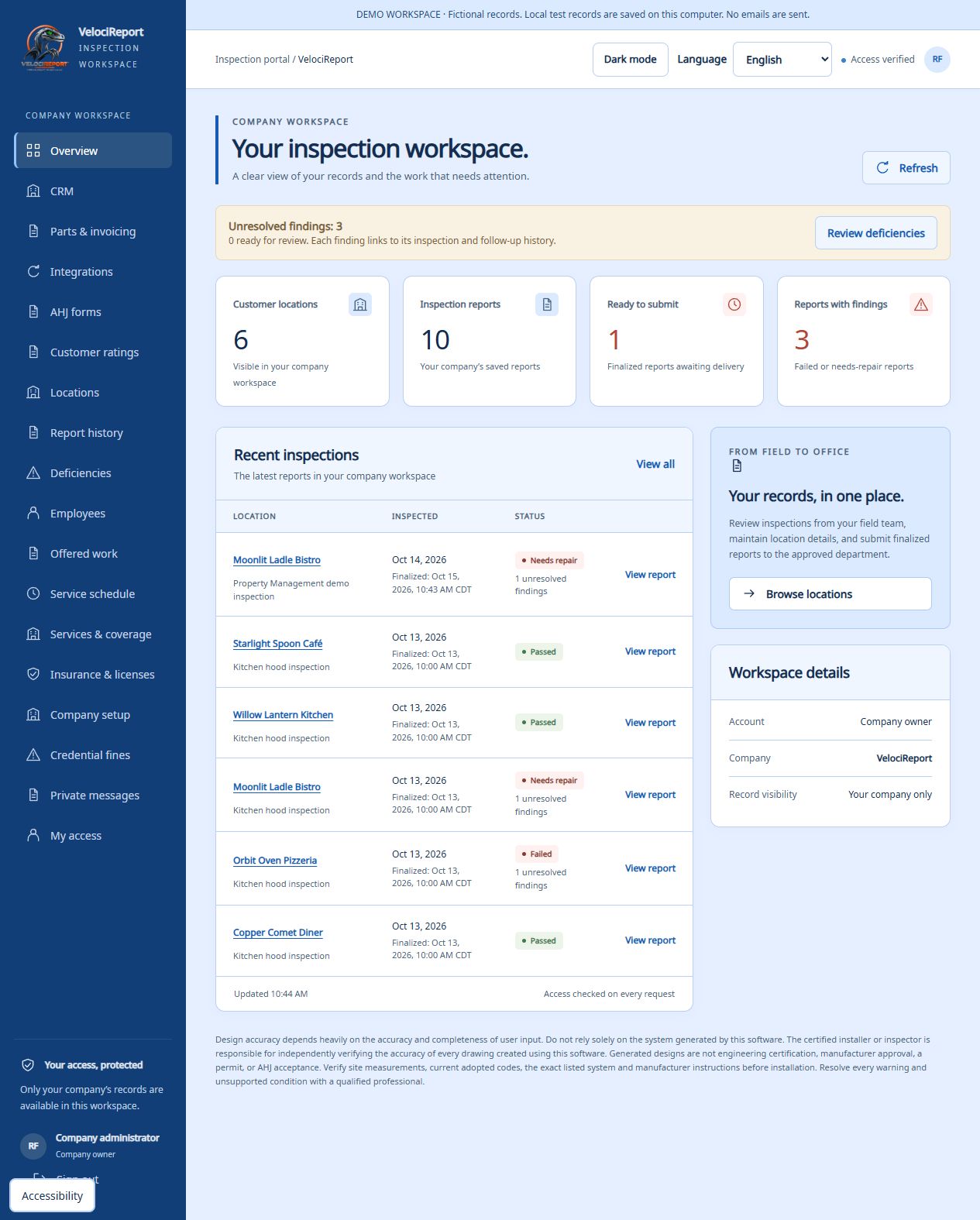 Company workspace with sample locations, reports, and deficiency alerts